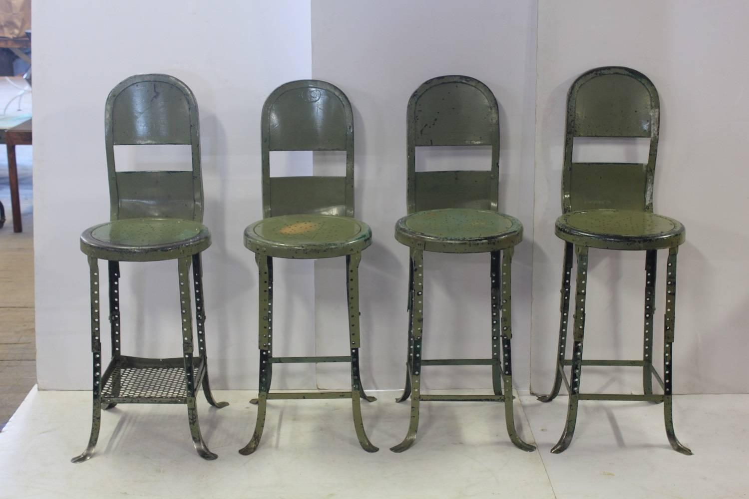 1930s American Industrial adjustable stool. Seat measures: H 16"-28.5". We have 8 available. Listed price is for each stool.