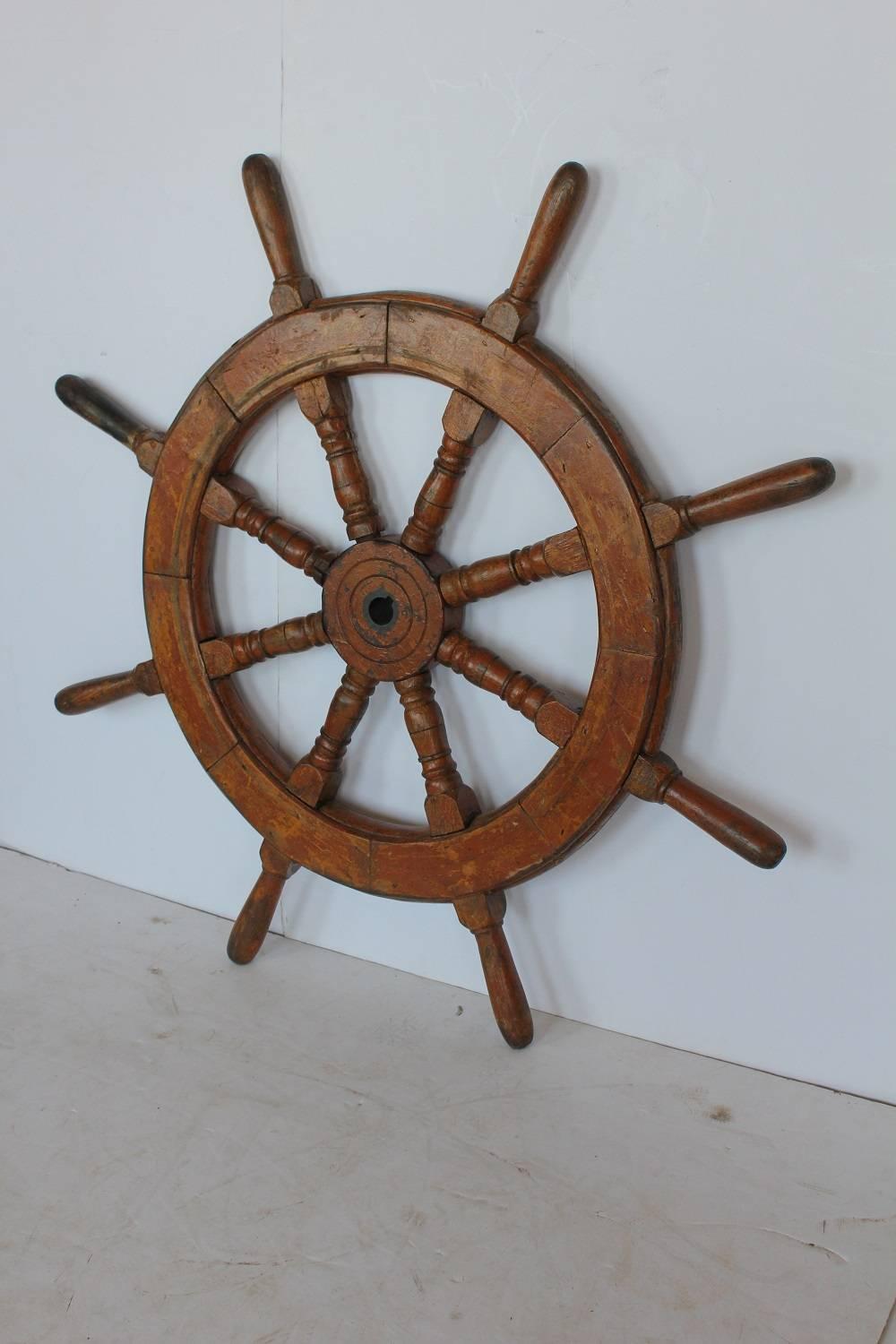 Late 19th century ship steering wheel. Great patina.
