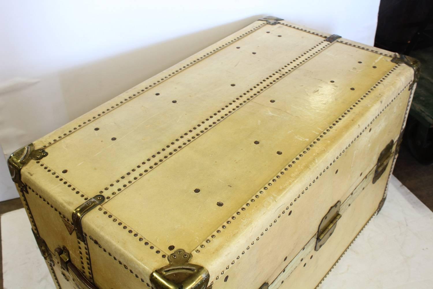 American Stylish Large Antique Vellum Steamer Trunk/ Coffee Table