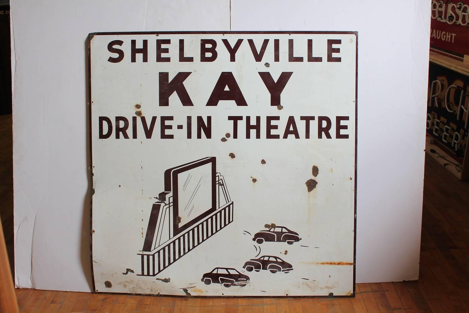 1950s American drive in theatre double-sided enamel sign.