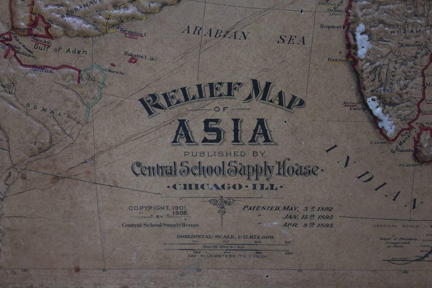 Schoolhouse Large 1900s Relief Map of Asia For Sale