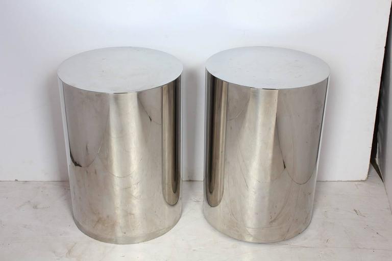 Milo Baughman Style Brushed Steel Drum Side Tables At 1stdibs Milo Baughman Style Brushed Steel Drum Side Tables