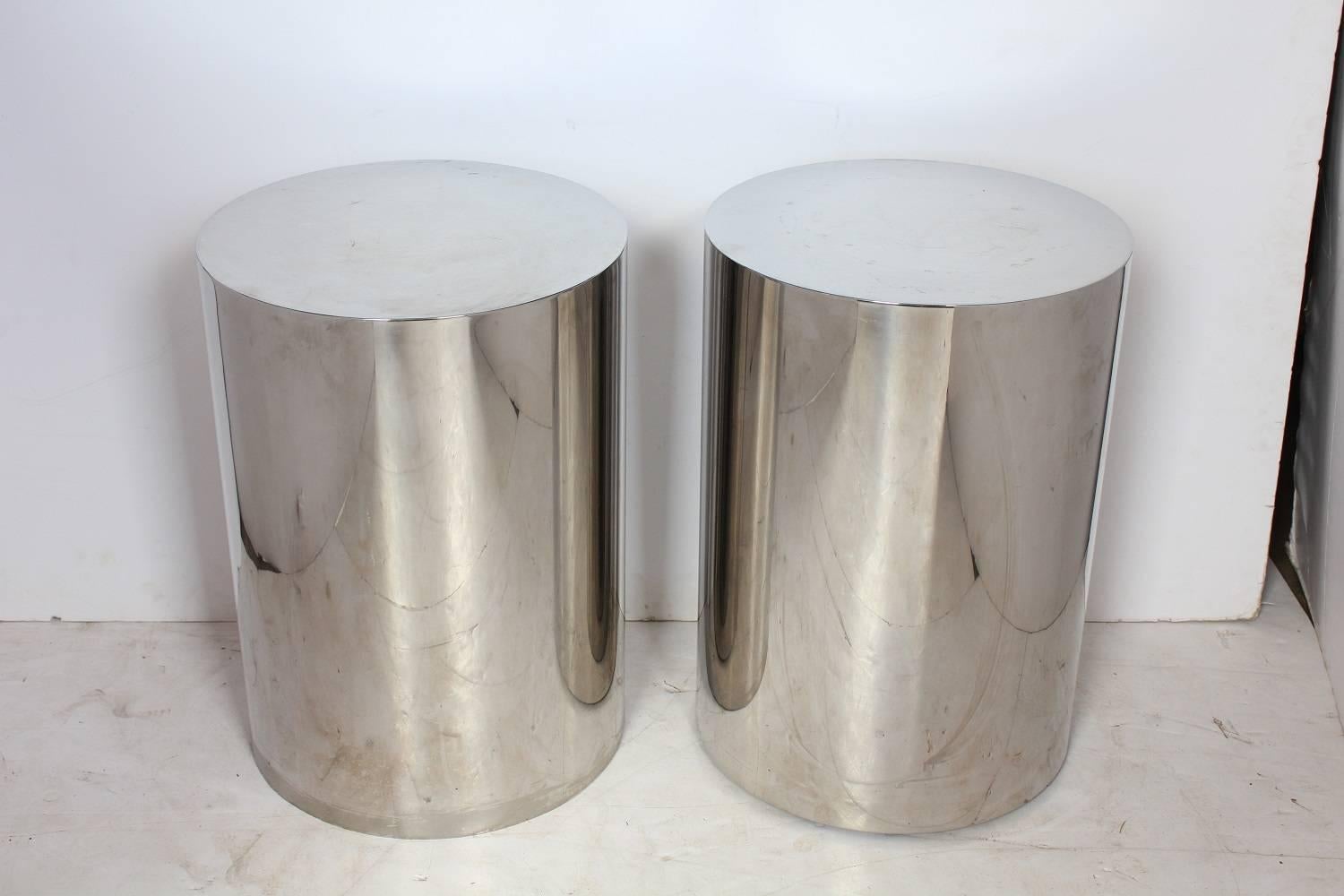 Milo Baughman style brushed steel drum side tables.