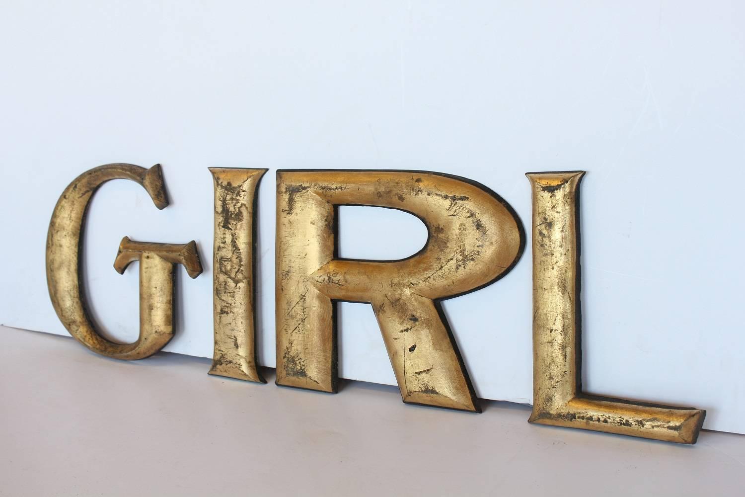 1900s gold leaf wood GIRL sign.