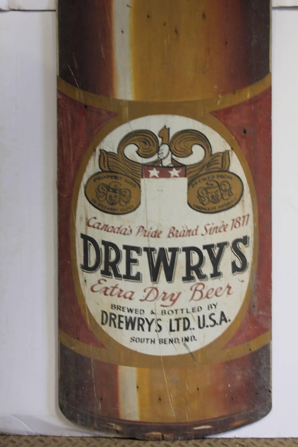 Folk Art 1950s Hand-Painted Drewrys Advertising Wood Sign For Sale