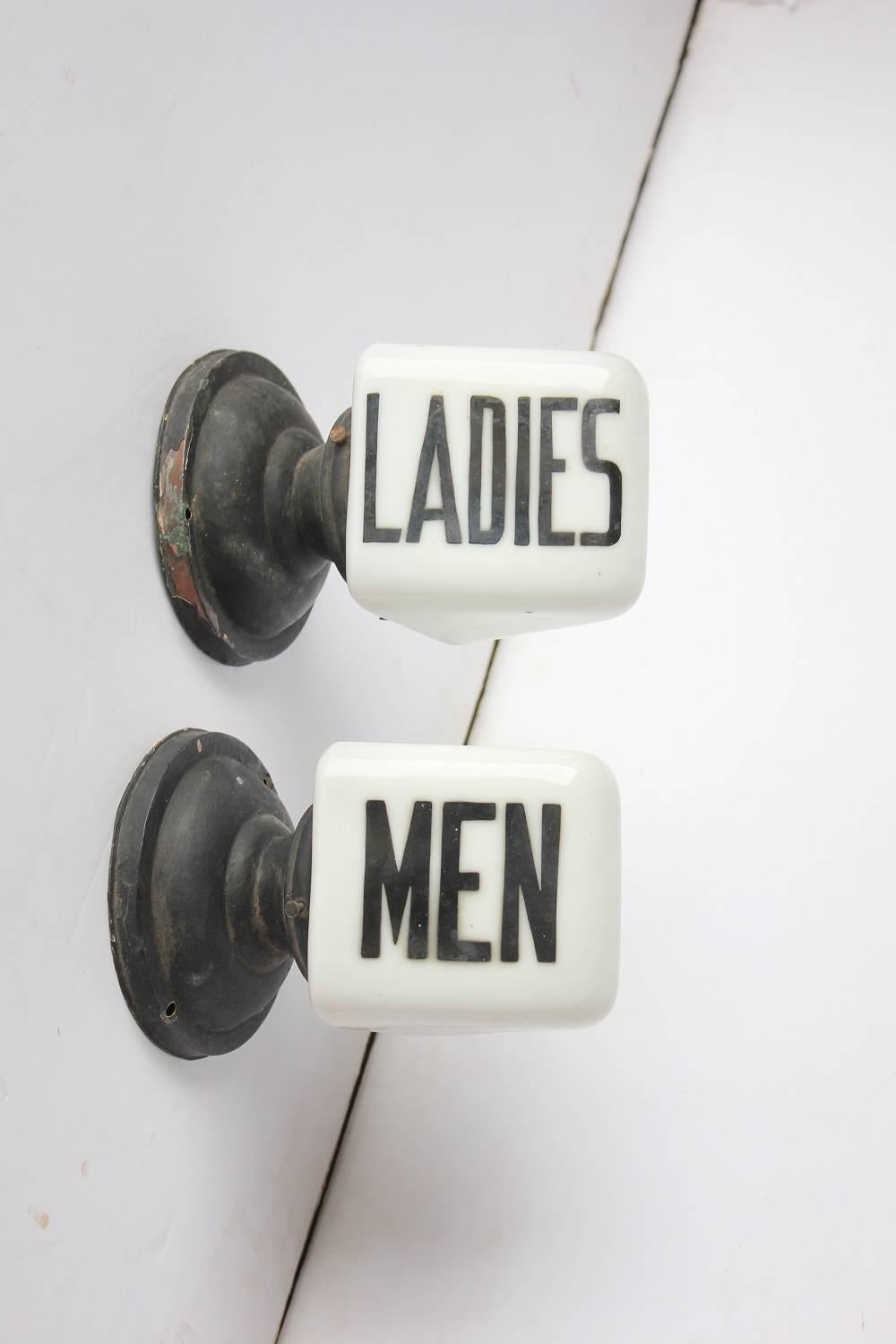 Art Deco double sided light up restroom signs. Rewired and in working condition.