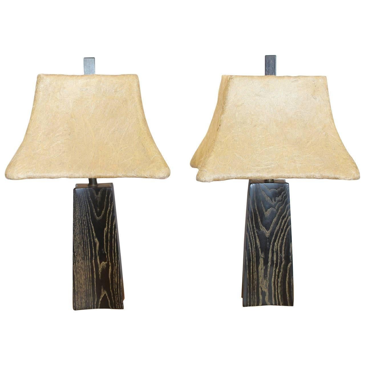 Cerused oak table lamps by James Mont. Original raw silk shades.