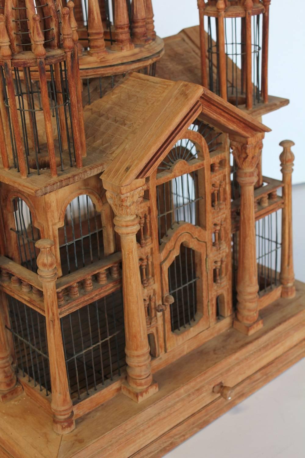 20th Century Large Antique Architectural Hand-Carved Bird Cage