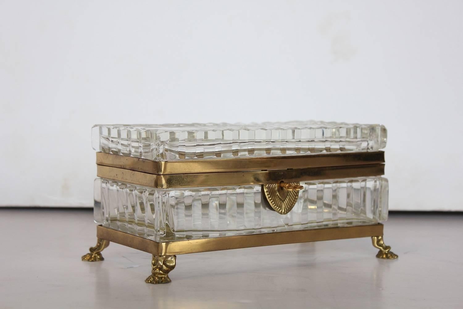Stylish antique French cut-crystal jewerly box with brass feet.