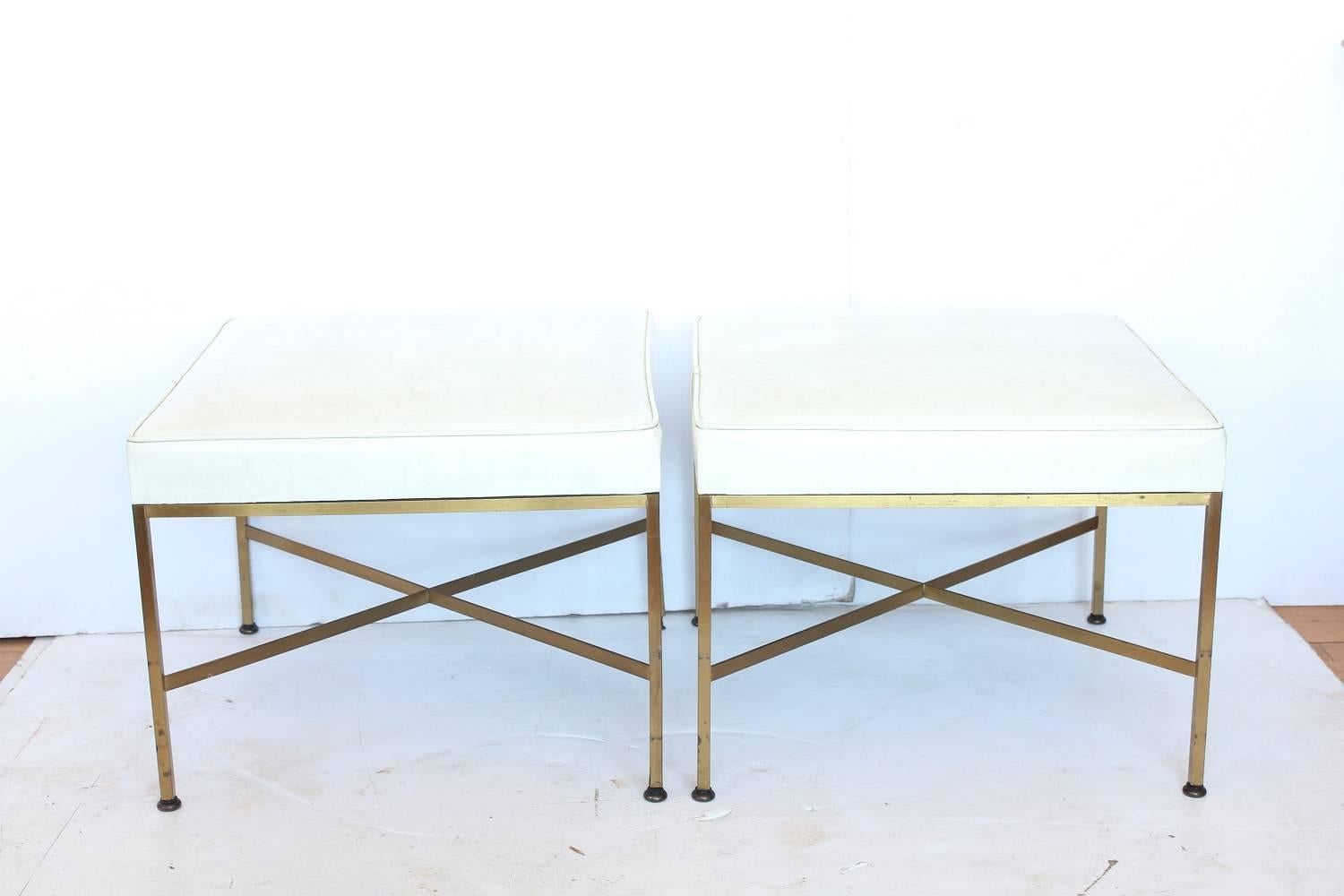 Pair of X -base brass and leather stools/benches by Paul McCobb.