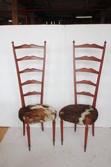 Mid-Century Italian High Back Cowhide and Wood Chairs by Meroni & Fossati