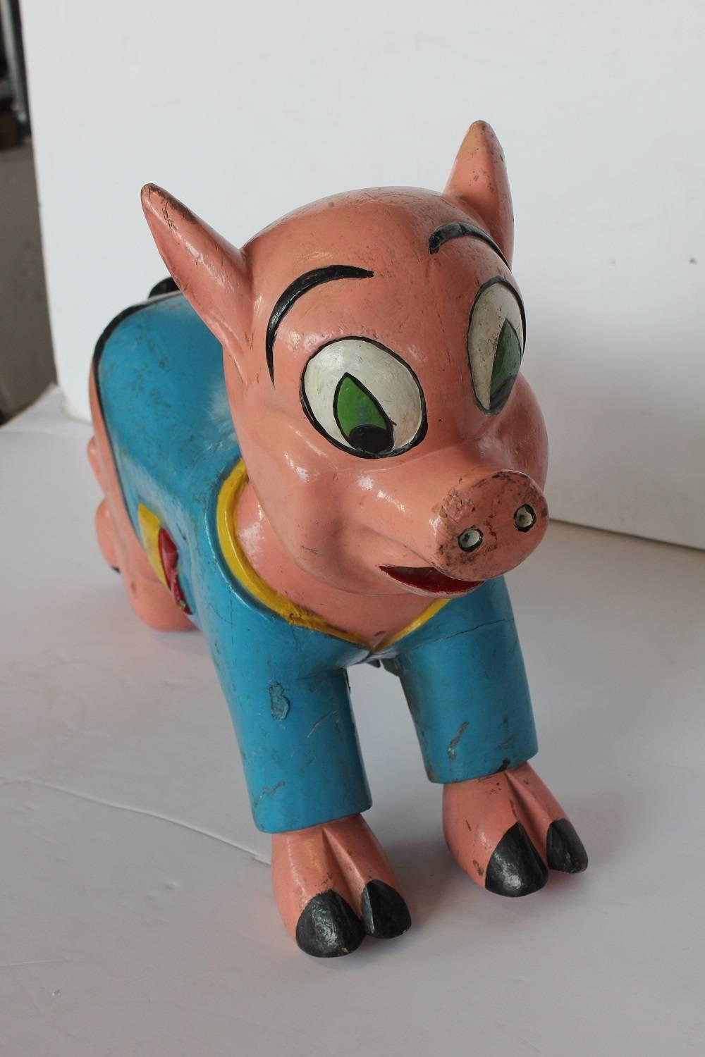 Folk Art 1930s Carnival Hand-Painted Wood Pig Ride For Sale