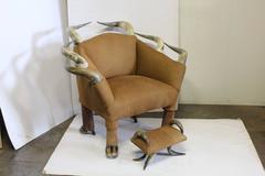 Spectacular Antique Horn and Suede Lounge Chair and Ottoman