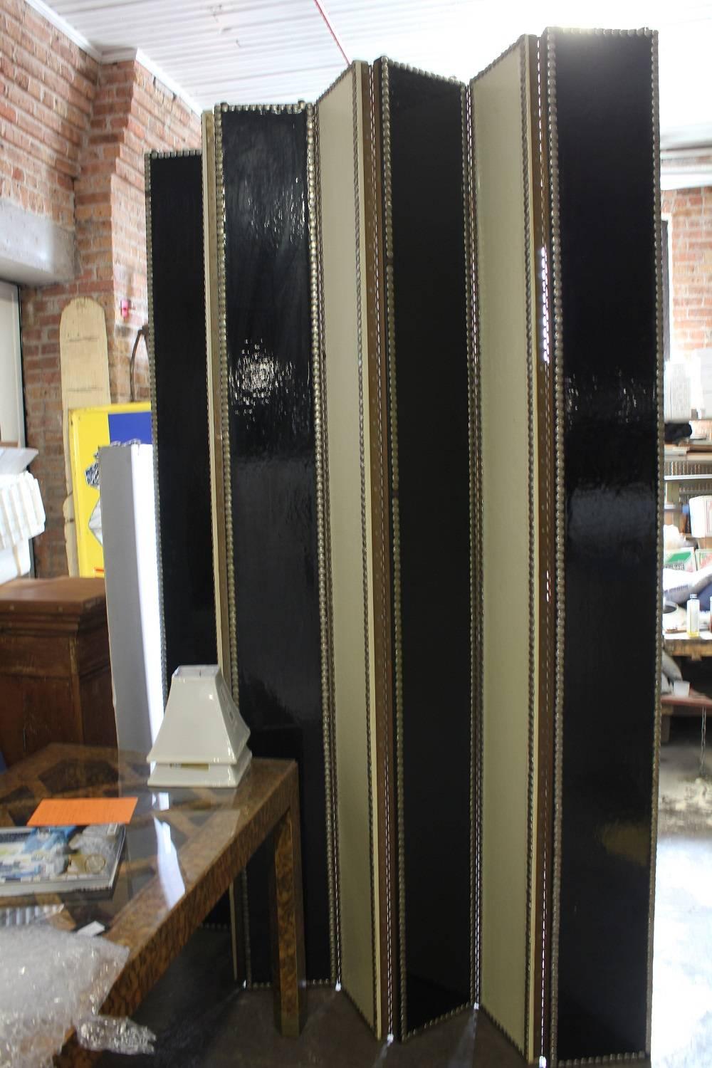 Mid-Century patent leather and studs double sided screen.