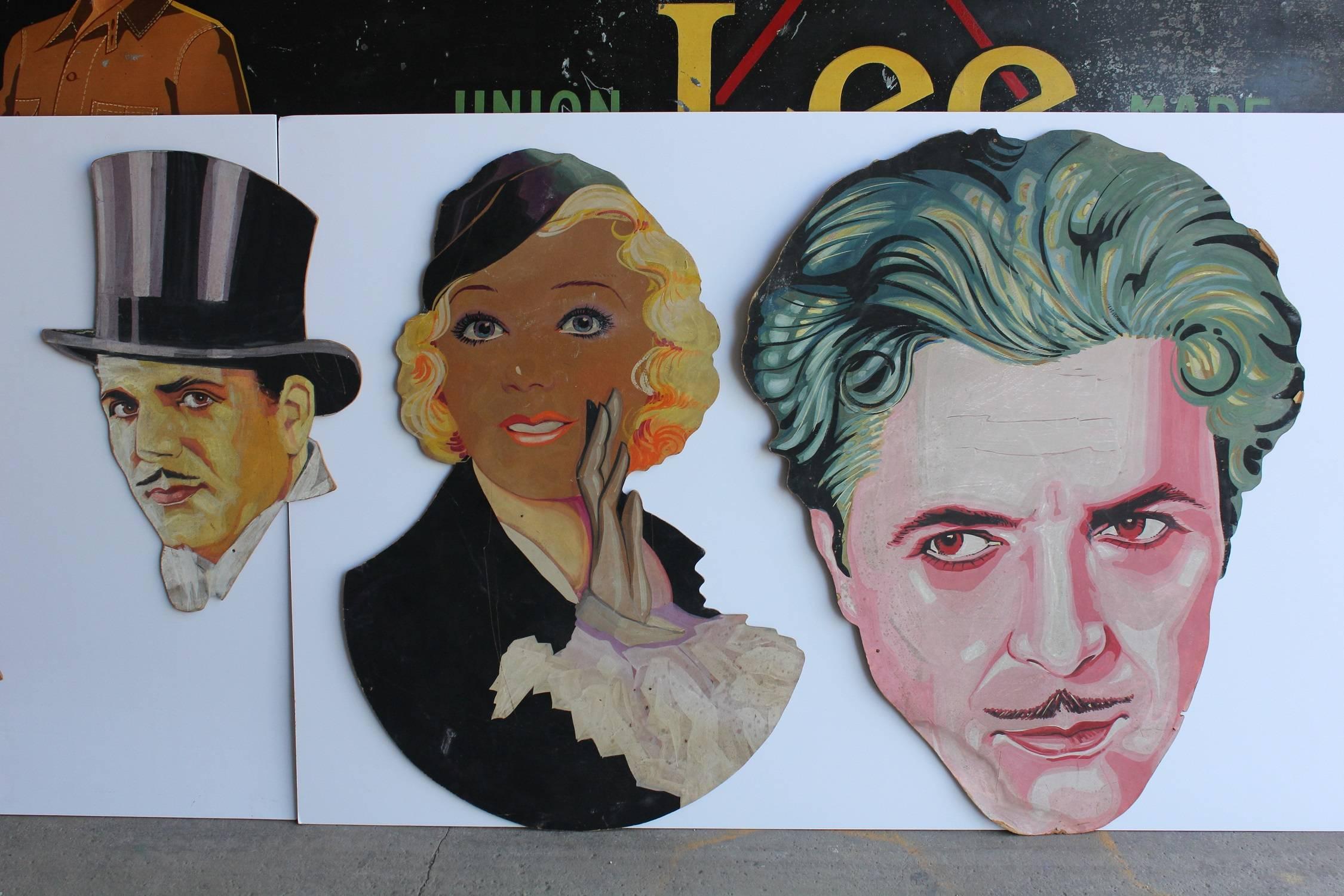 1930s hand-painted theater display actor portraits of Lewis Stone, Warner Baxter, Maurice Chevalier, Marion Davies, Ronald Coleman, Tyrone Powers.