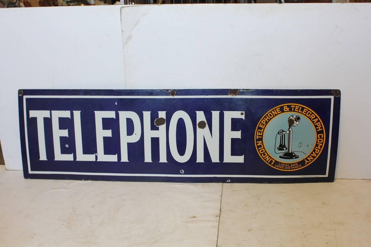 Large 1920s Lincoln Telephone and Telegraph Company Sign. Porcelain and double-sided.