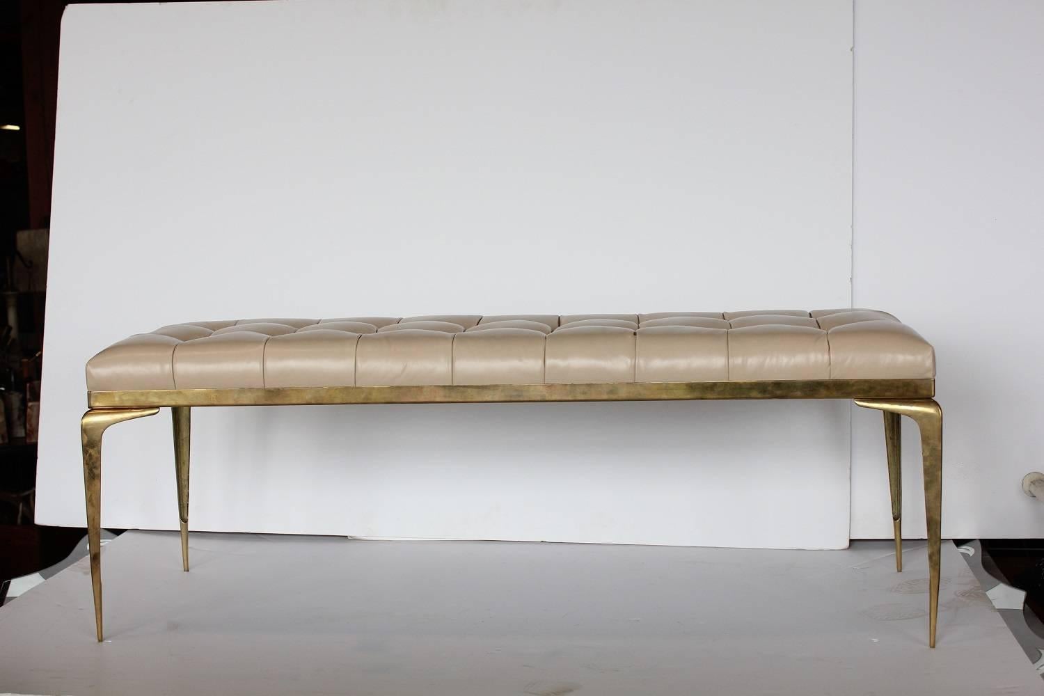 Mid-Century Modern Midcentury Italian Gio Ponti Style Tufted Leather and Brass Bench