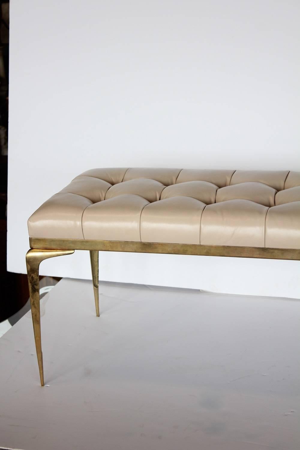 Mid-20th Century Midcentury Italian Gio Ponti Style Tufted Leather and Brass Bench