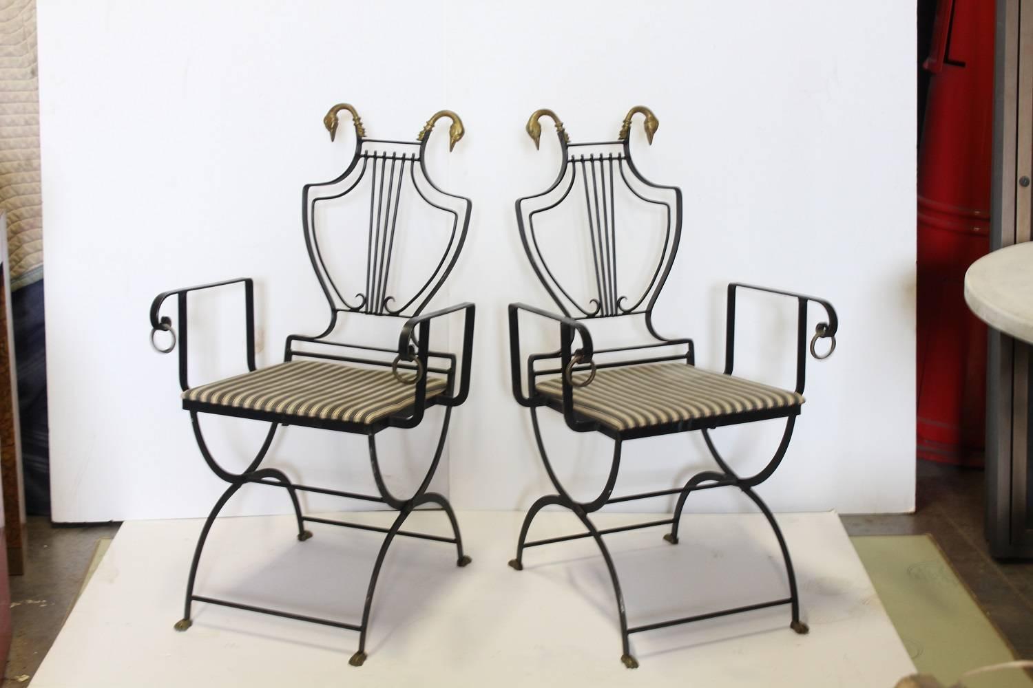 Neoclassical 1930s Lyre Back Swan Garden Armchairs by Samuel Copelon