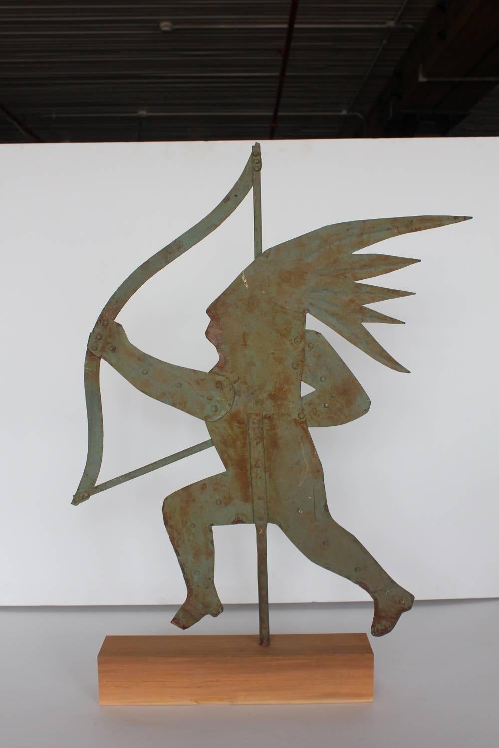 Early 20th Century Silhouette Indian Metal Weathervane On Wooden Stand