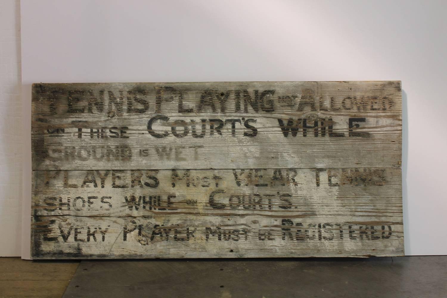 Folk Art 1920s Tennis Club Hand Painted Wood Sign  For Sale
