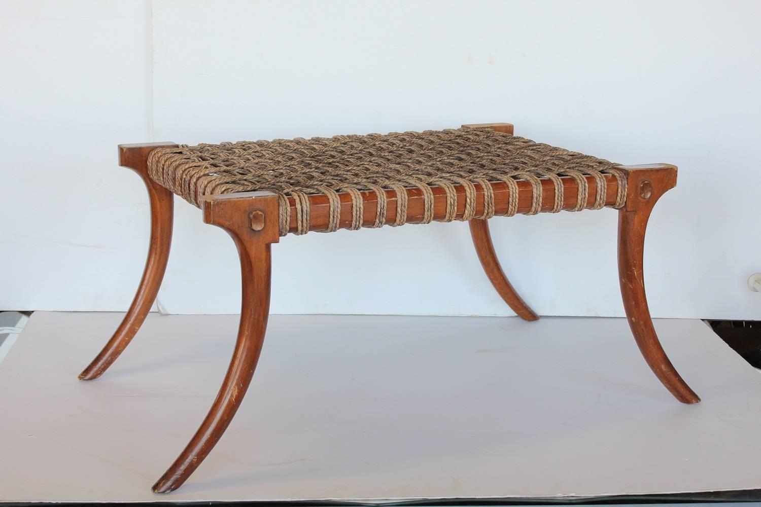Midcentury Klismos style wood bench with rope seat. Seat 34