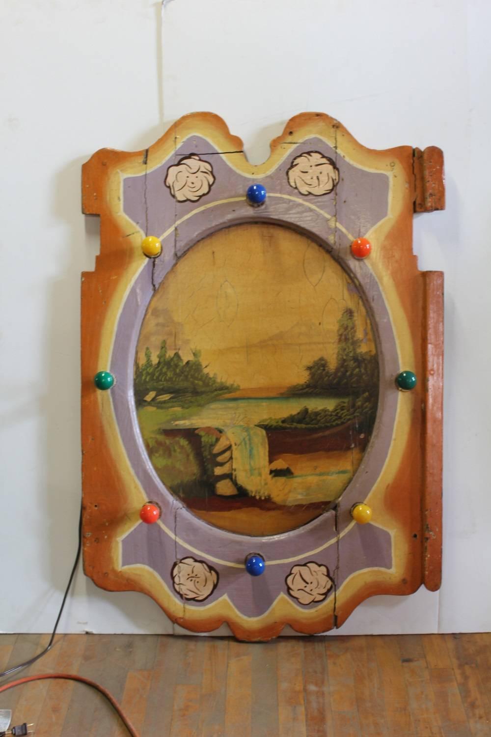 1930s American carnival light up hand-painted wood board. We have six boards available. Each board has different landscape painting.