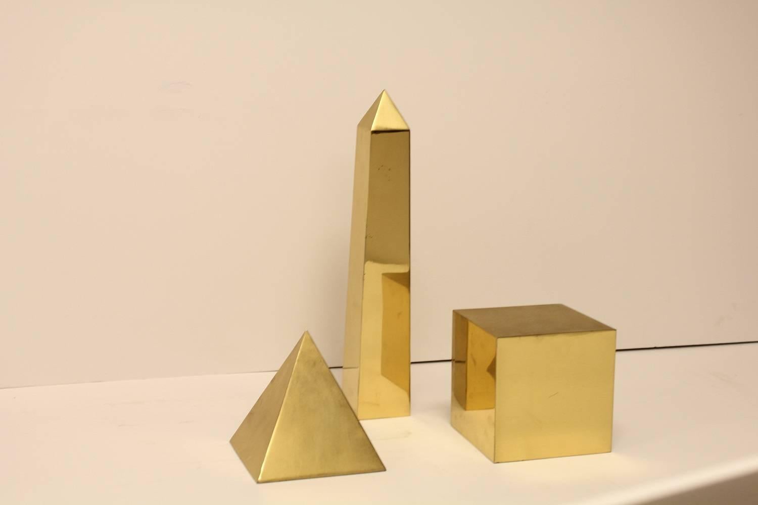Midcentury Italian brass 3-D objects by Sarreid Ltd. They are all signed. Obelisk: 14.5