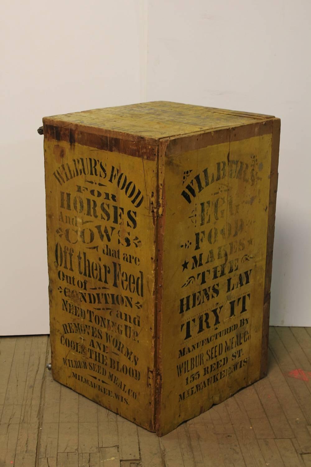 1800s Folk Art hand stenciled advertising cabinet/trunk.