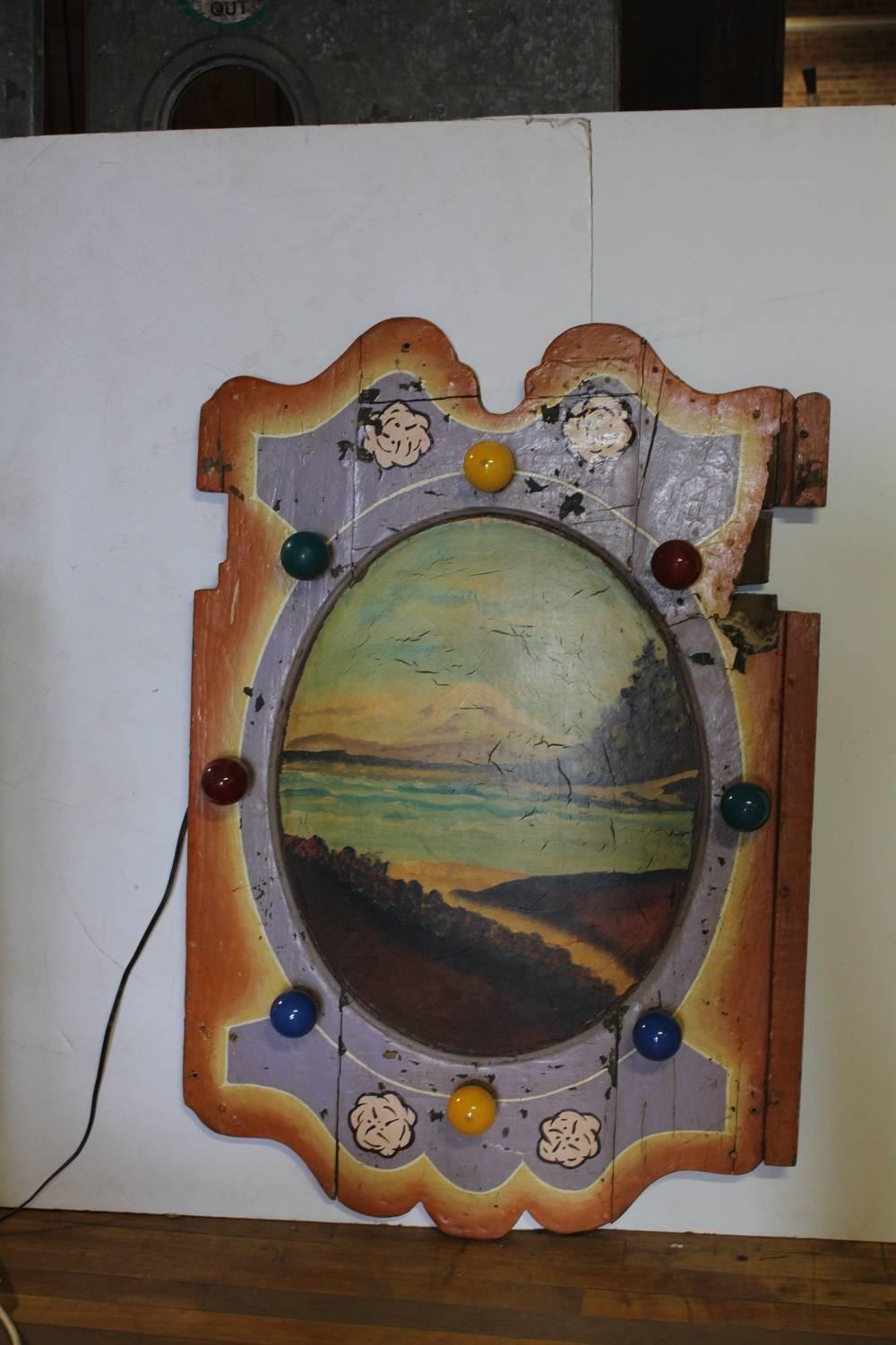 Large 1930s American Carnival Light Up Board. Hand painted plaque with original patina.