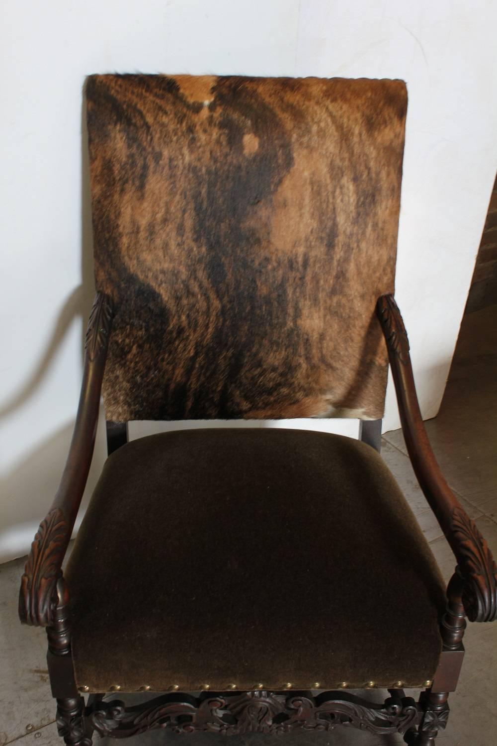 Cowhide Spectacular 19th Century French Louis XIV Style Carved Walnut Armchair