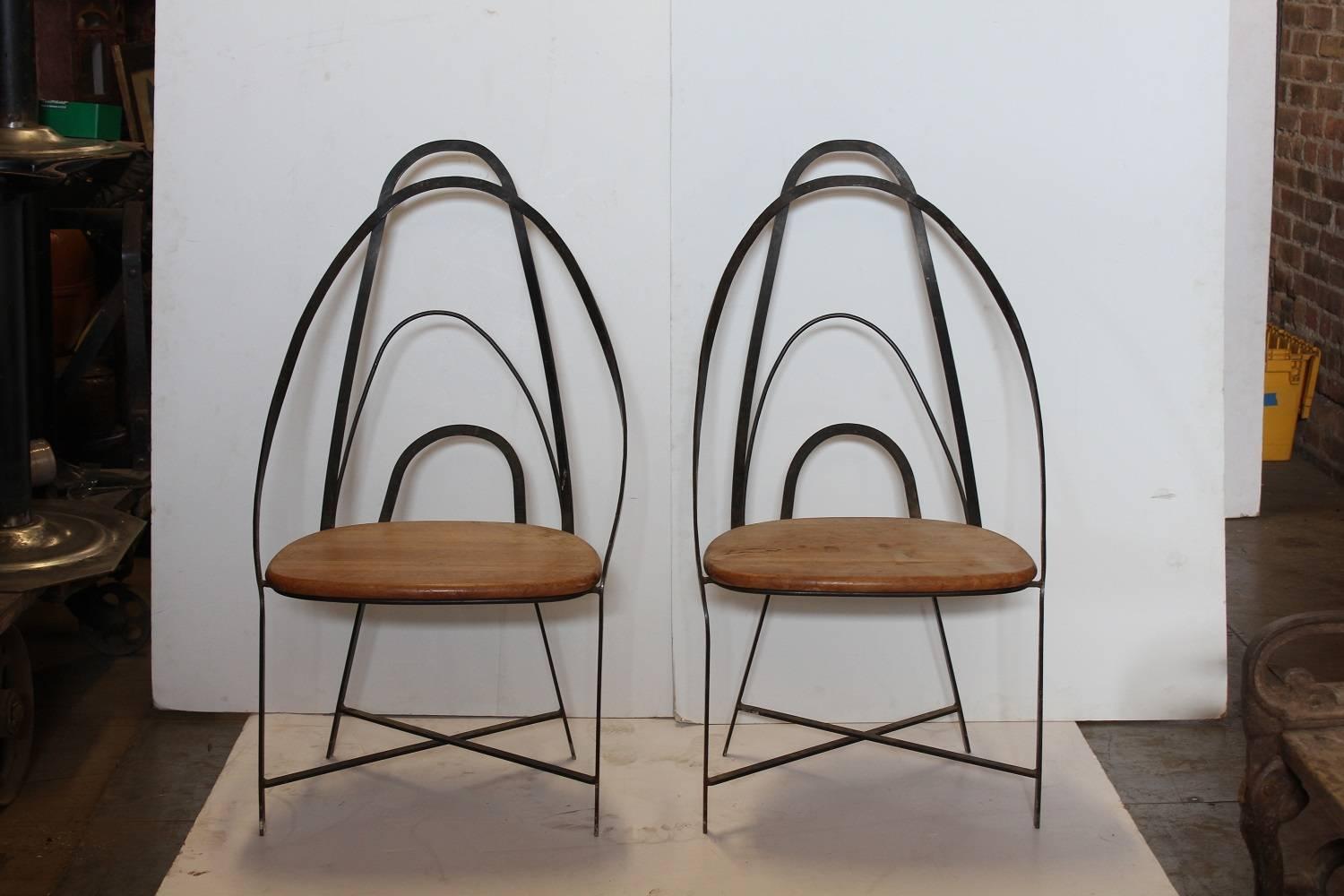 Mid Century French Hand Made Iron Chairs With Wood Seats.