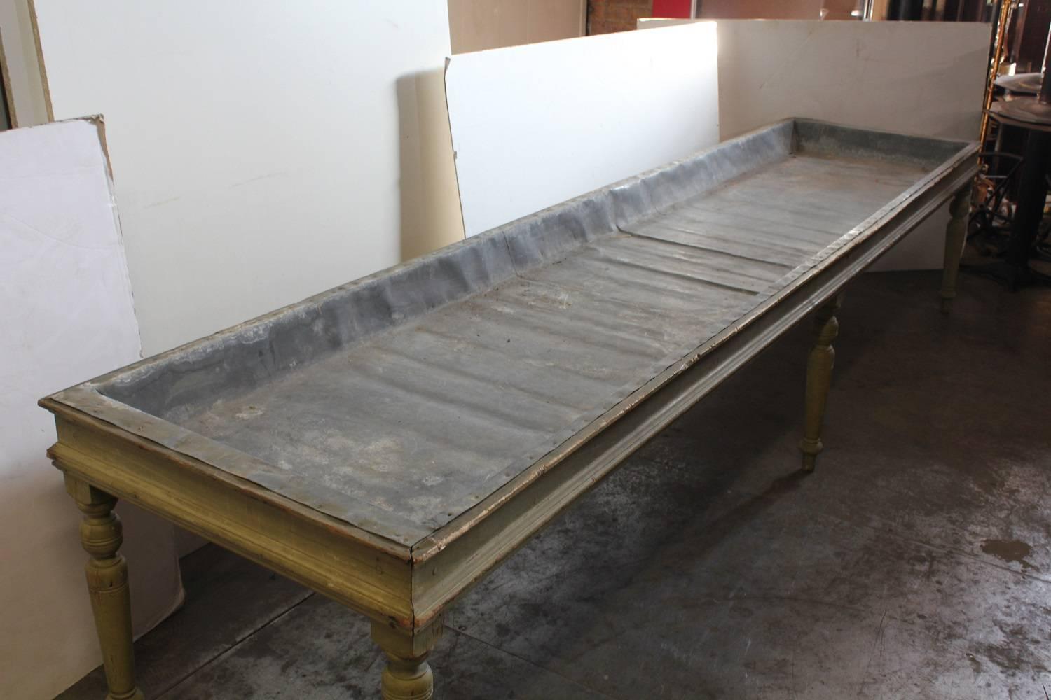 Antique American zinc top farm table. Original finish.