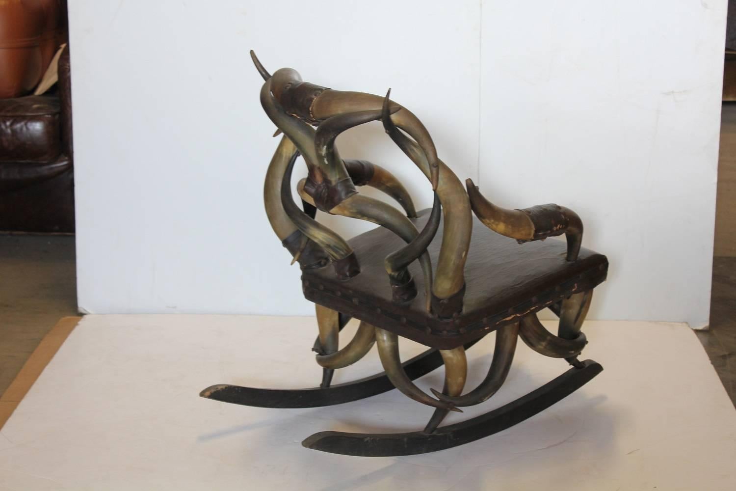American Antique Horn And Leather Rocking Chair For Sale