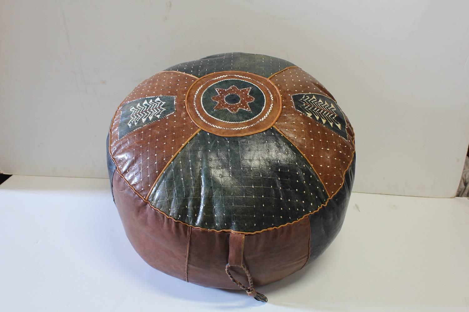 Mid Century Moroccan Hand Stitched Leather Pouf