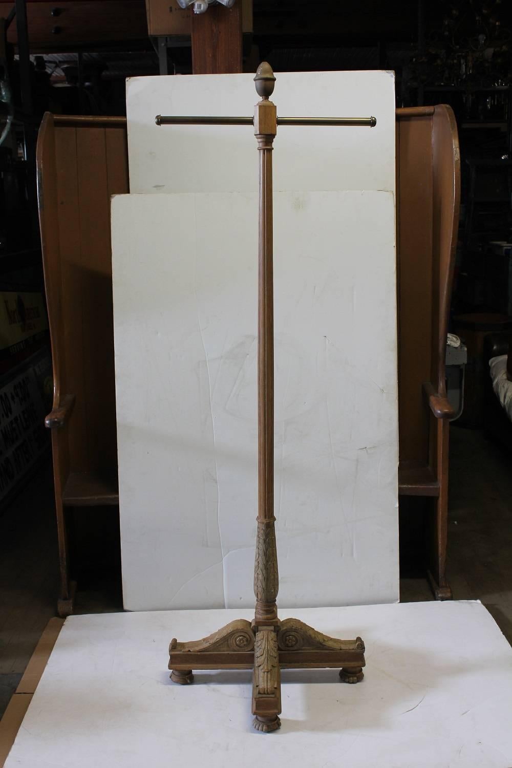 Antique Hand Carved Wood Coat Rack With Brass Finial and Brass Pipe.