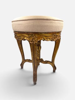 Sgabello da pianoforte francese in legno dorato della fine del XIX secolo, rivestito in lino color cipria
