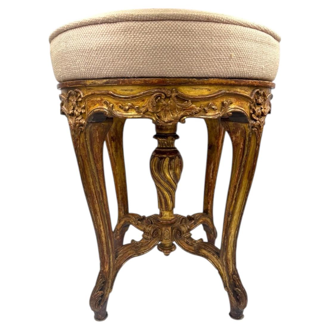 Late 19th-Century French Giltwood Piano Stool in Blush Linen