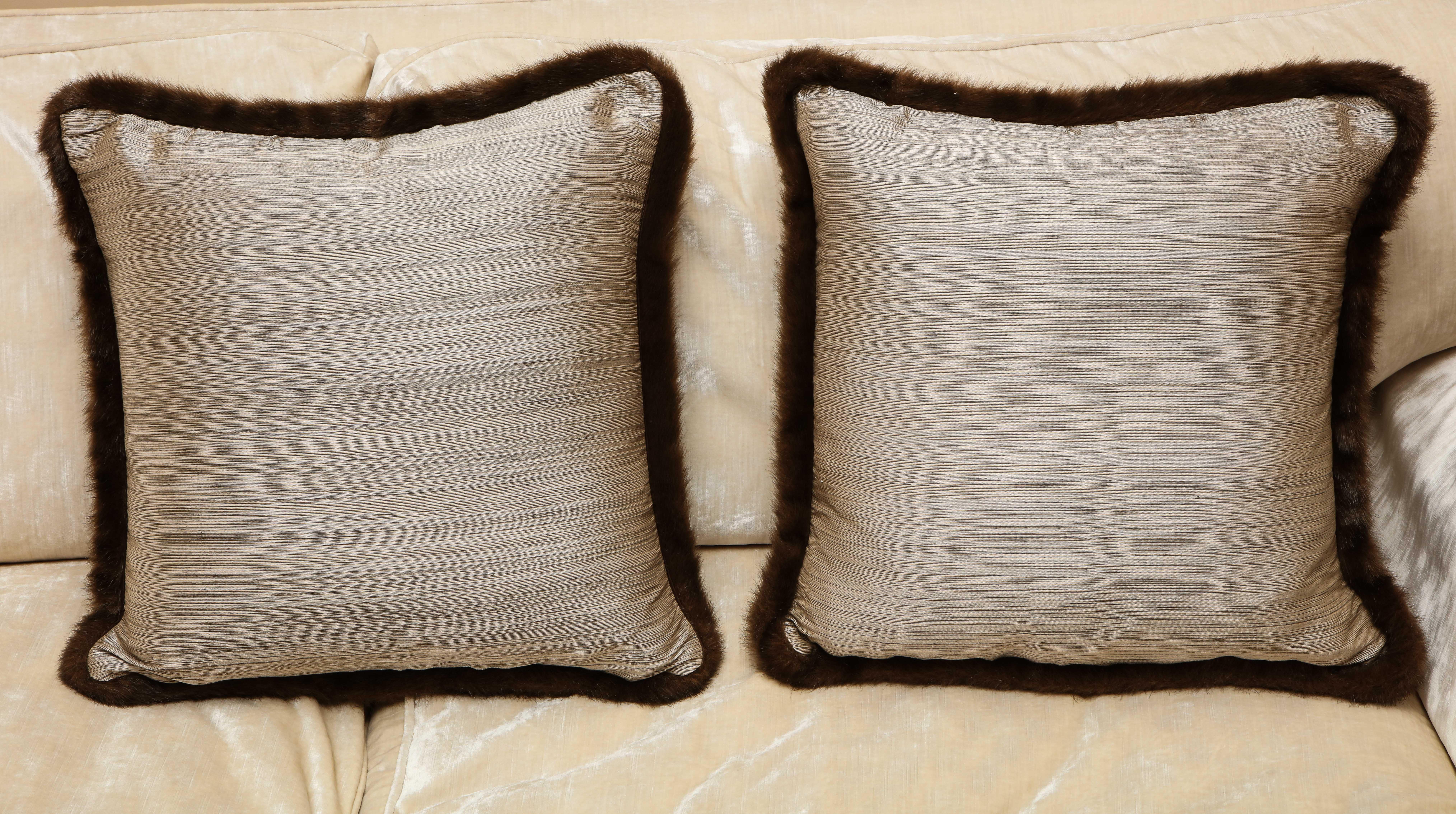 American Pair of Silver and Bronze Silk and Fur Anglo-Japanese Pillow For Sale