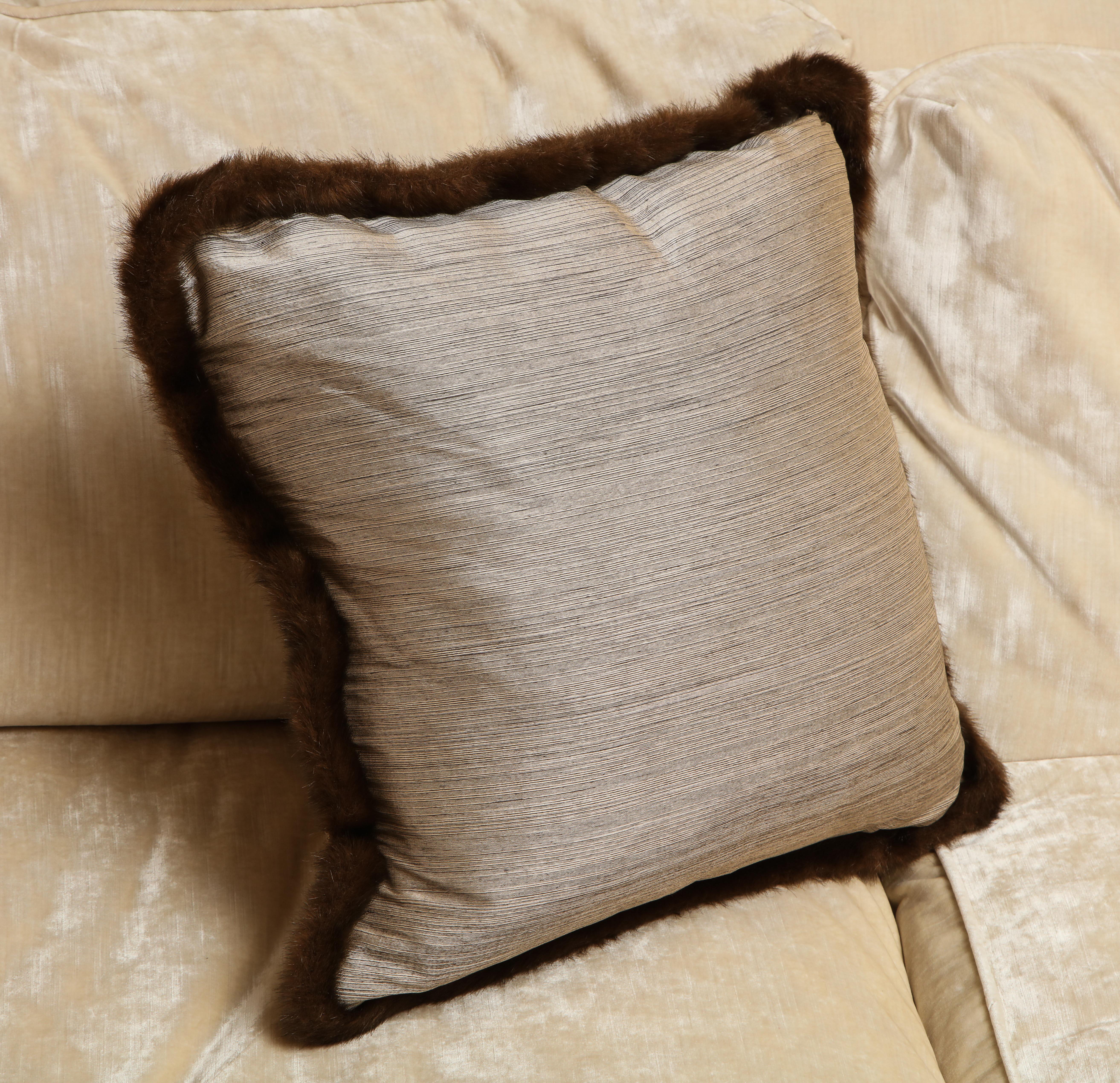 Contemporary Pair of Silver and Bronze Silk and Fur Anglo-Japanese Pillow For Sale