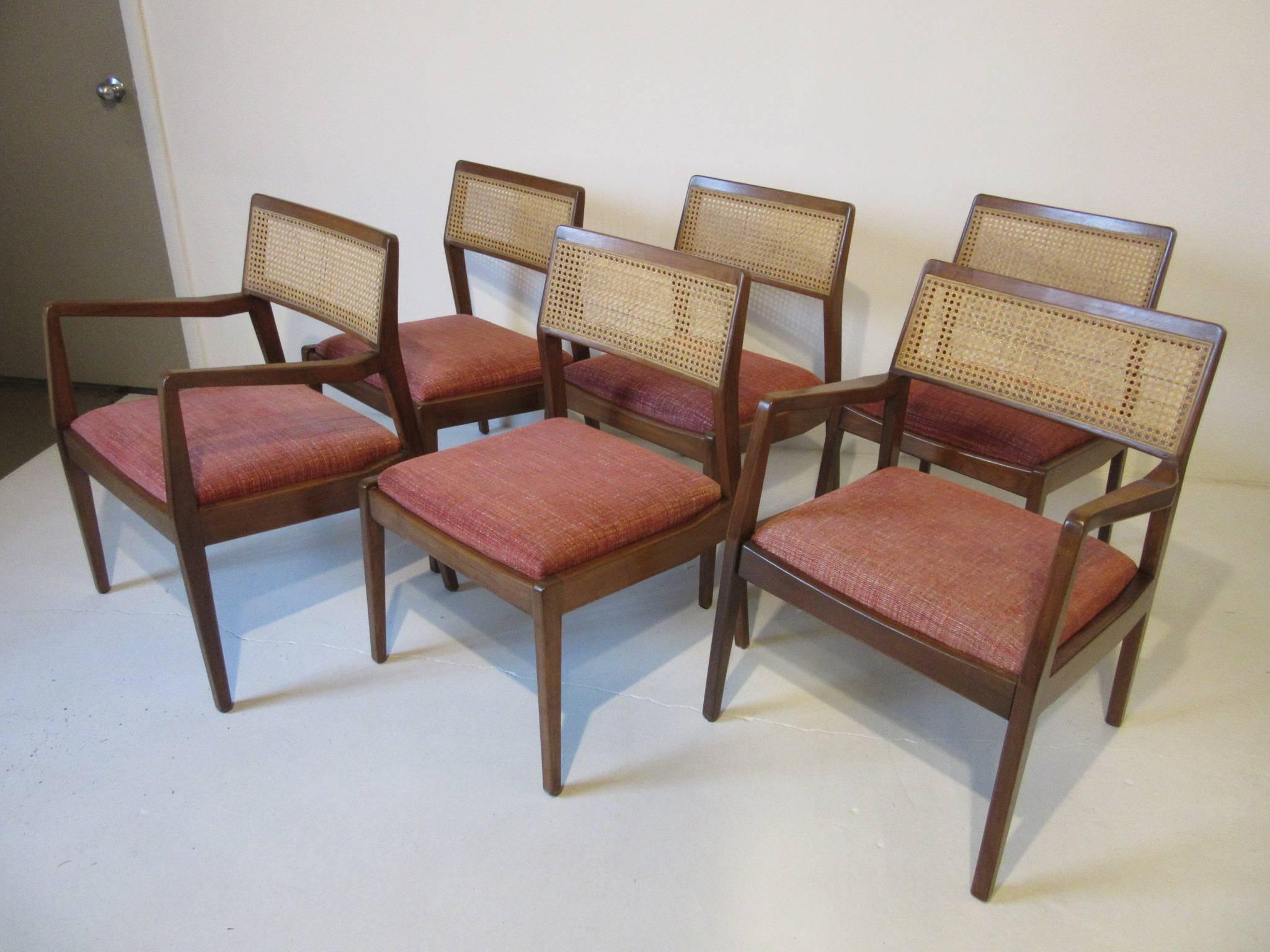 20th Century Six Jens Risom Walnut and Caned Upholstered Dining Chairs