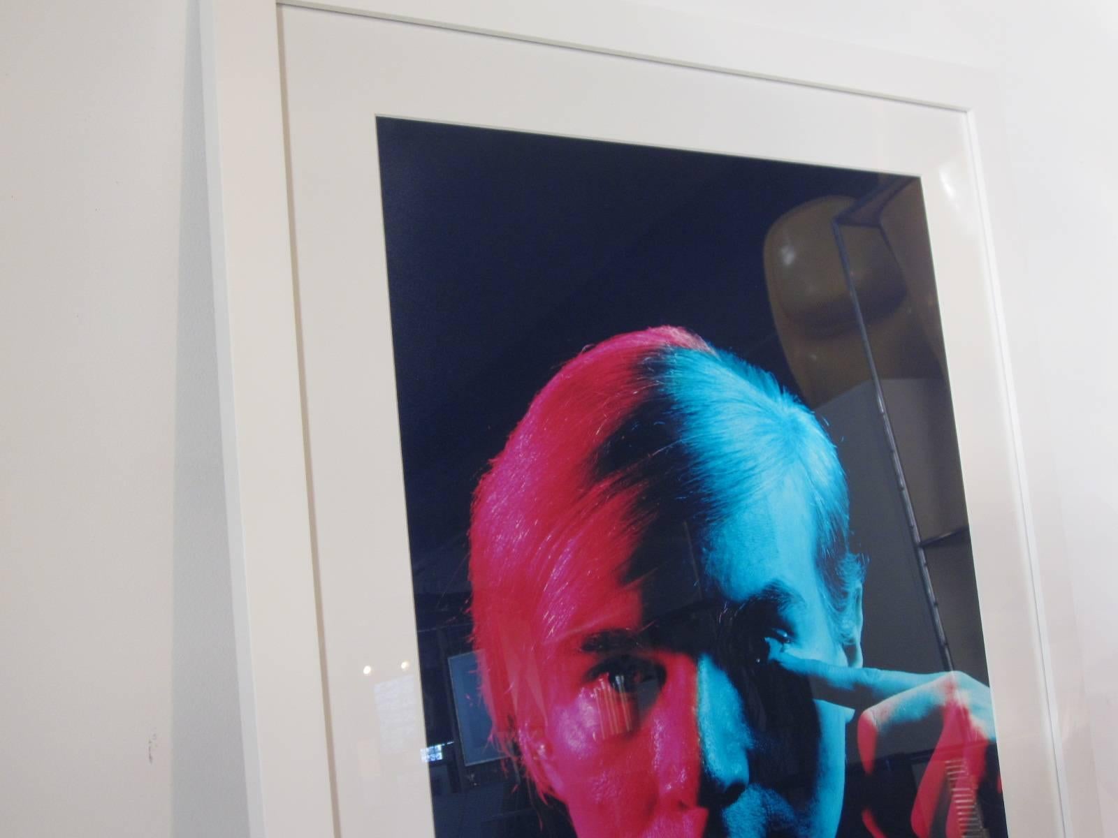 Andy Warhol portrait taken in 1968 by master photographer and printer Philippe Halsman (1906-1979) and in 1989 an edition of 100 portfolio of eight color chromogenic prints were done which sold out. This print is a proof from the artist archive.
