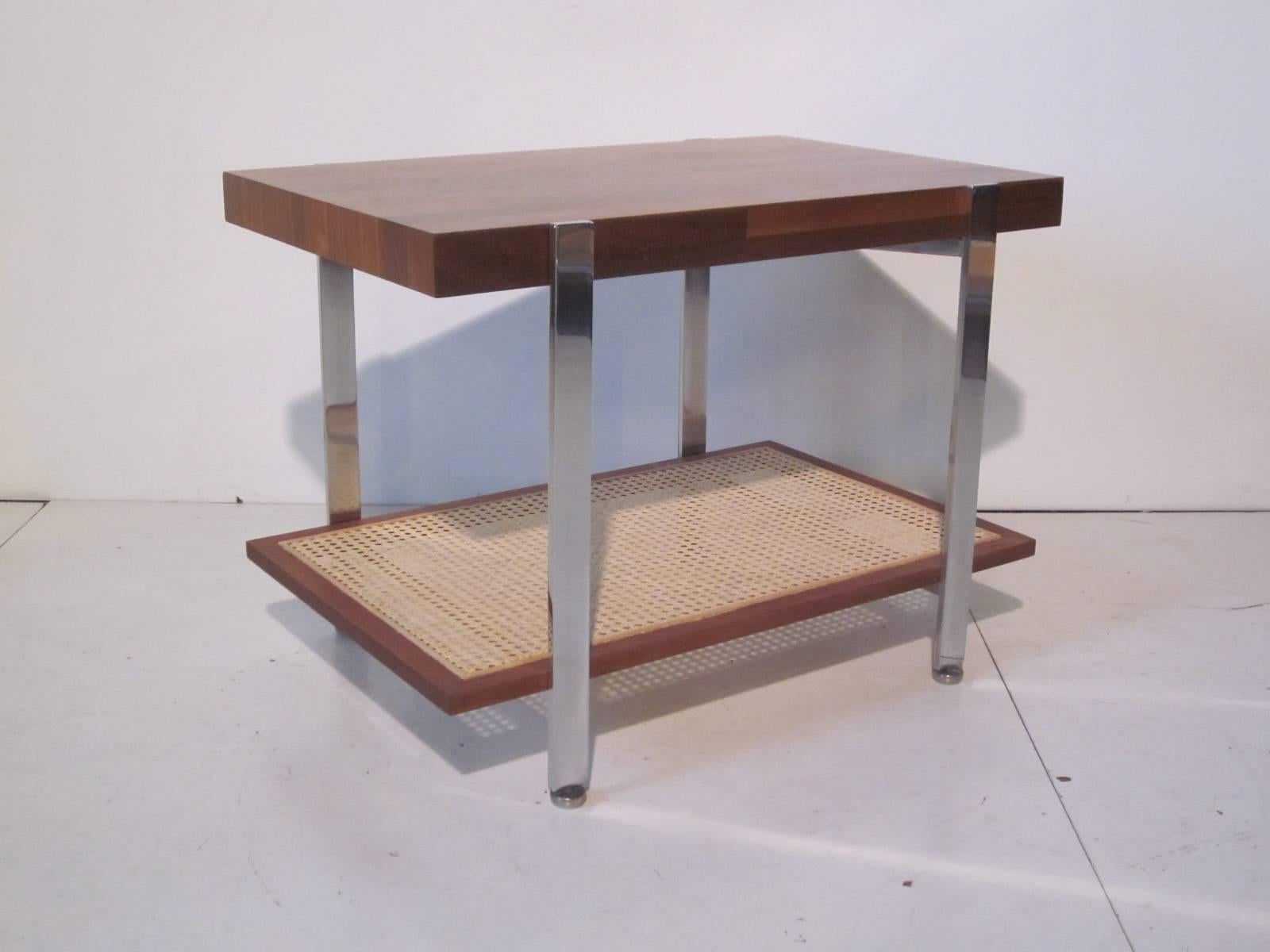 20th Century Milo Baughman Styled Walnut, Chrome and Caned Side / End Table