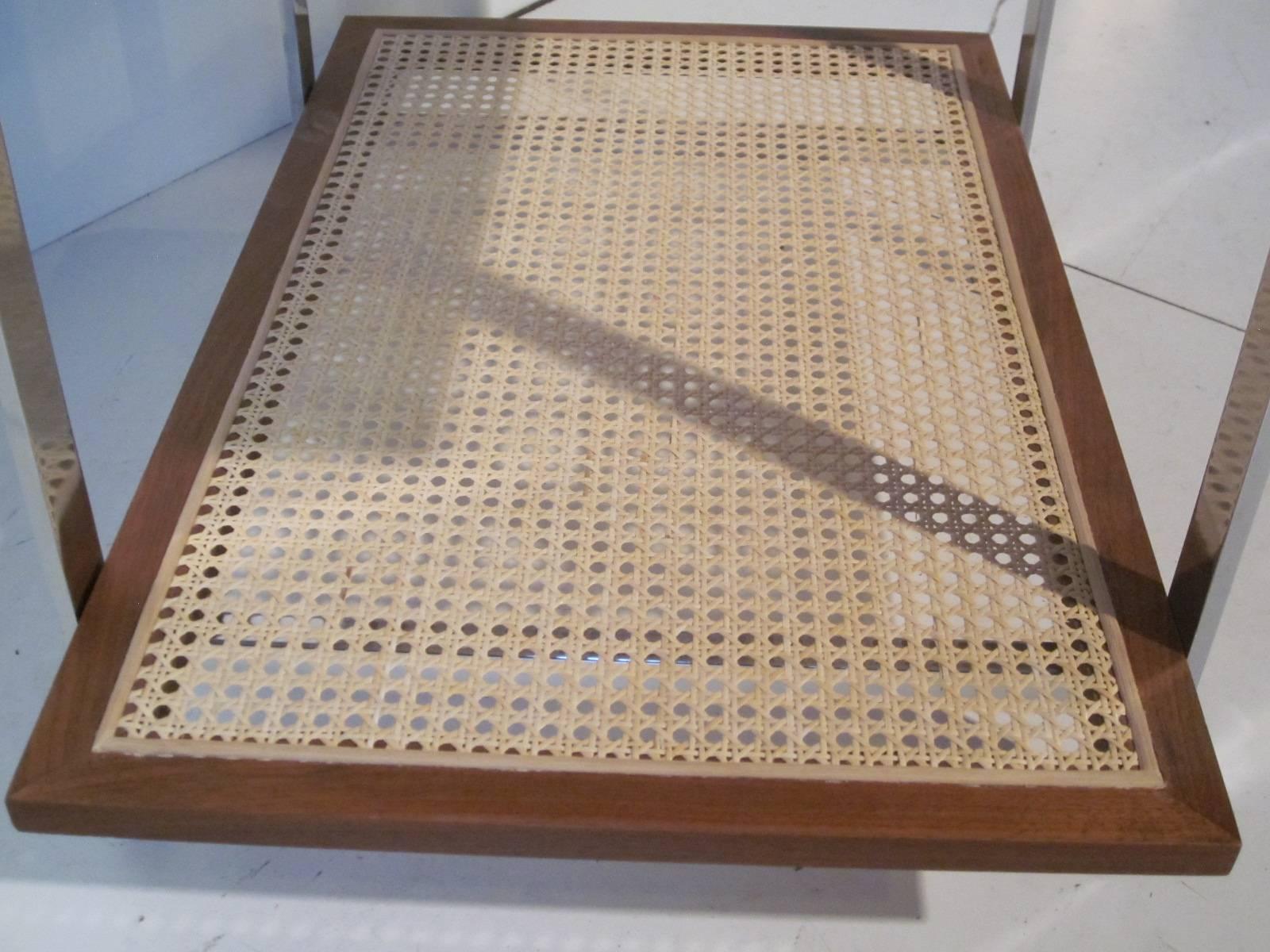 Modern Milo Baughman Styled Walnut, Chrome and Caned Side / End Table