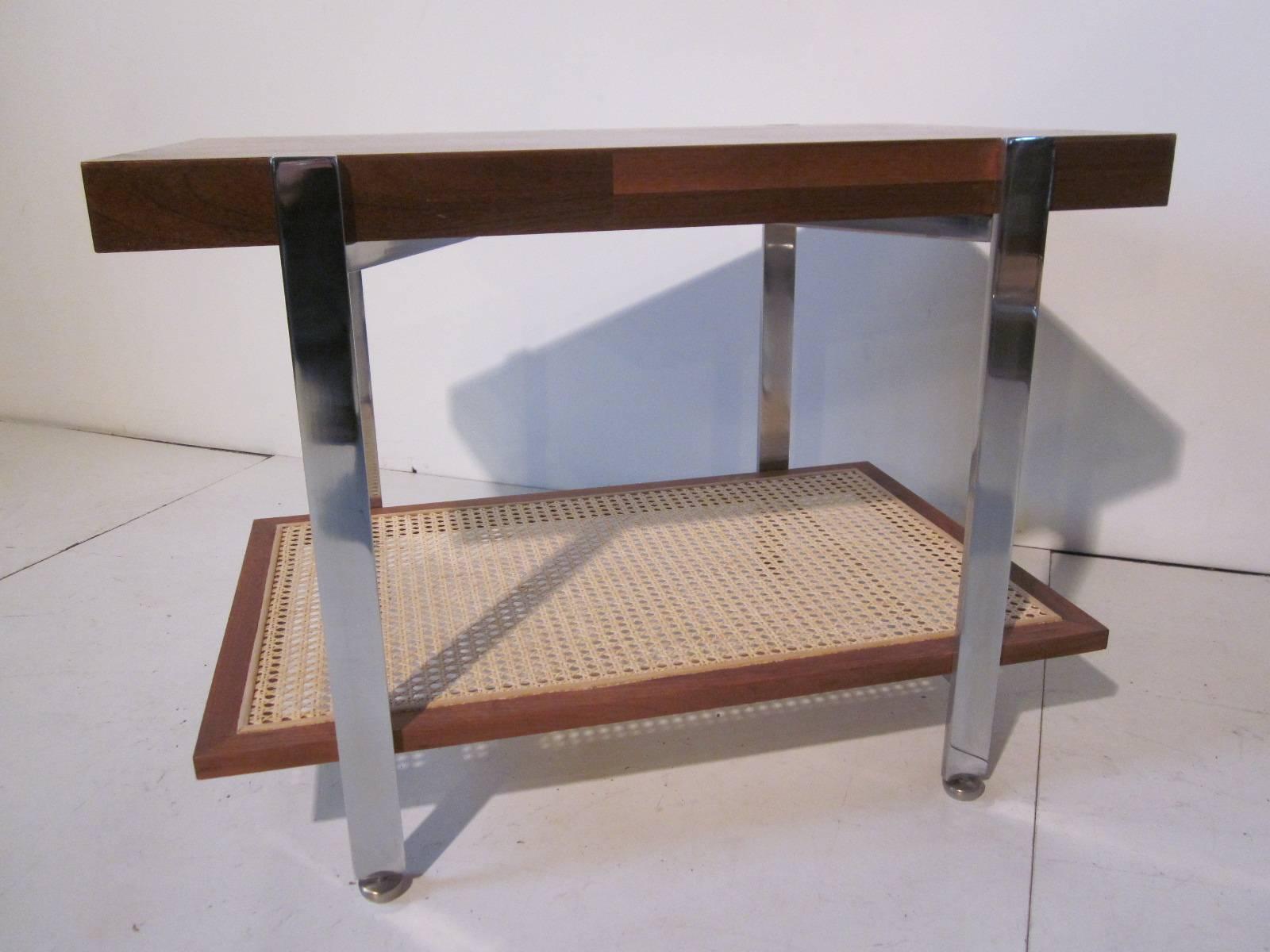 Milo Baughman Styled Walnut, Chrome and Caned Side / End Table In Good Condition In Cincinnati, OH
