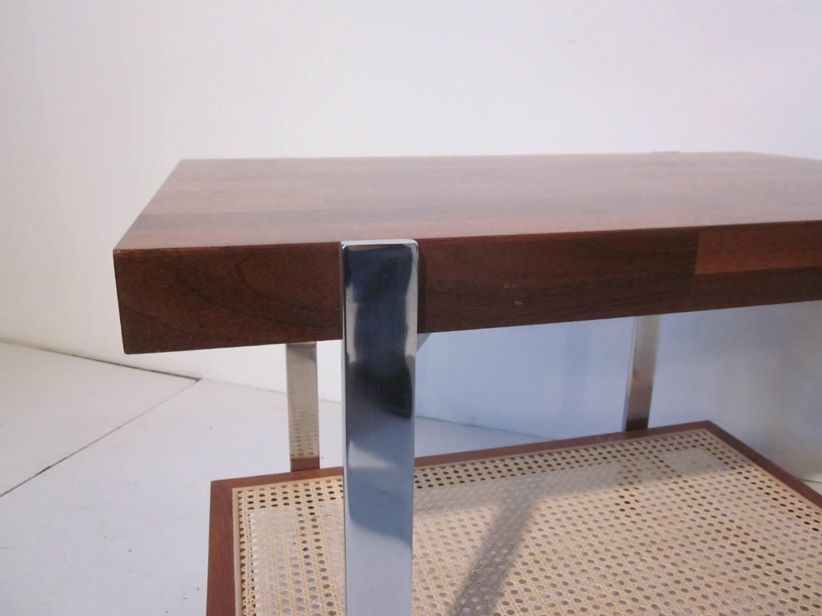 American Milo Baughman Styled Walnut, Chrome and Caned Side / End Table