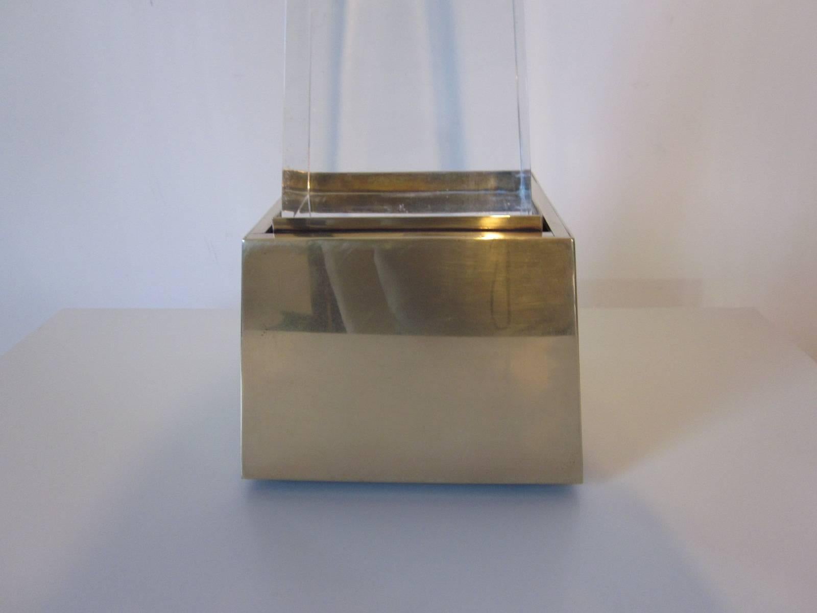 Modern Chapman Lucite and Brass Obelisk Table Lamp
