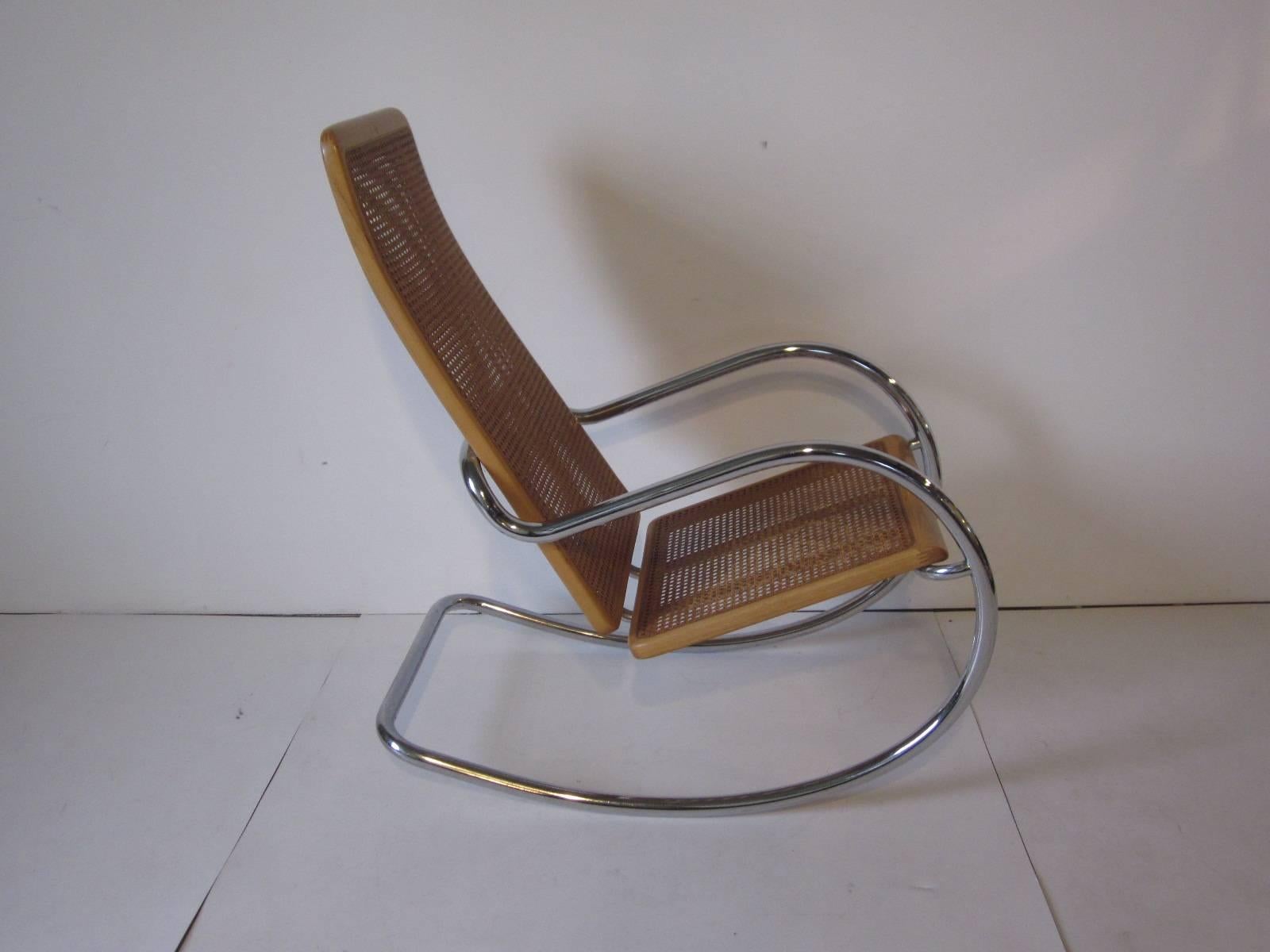 Italian Chrome and Wood Caned Rocking Chair In Excellent Condition In Cincinnati, OH