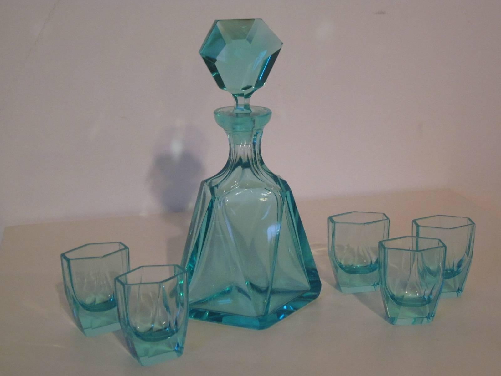 Art Deco Ruba Rombic styled Cubist Decanter and Glass Set