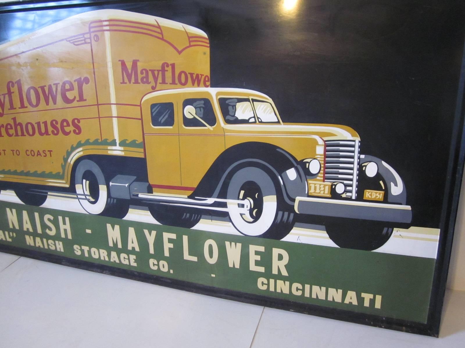 A hand-painted and silk screened Art Deco styled Al Nash Mayflower movers metal sign was used for their warehouse business in Cincinnati. With bright colors, vintage truck and trailer and a sense of speed this great strong graphically designed sign